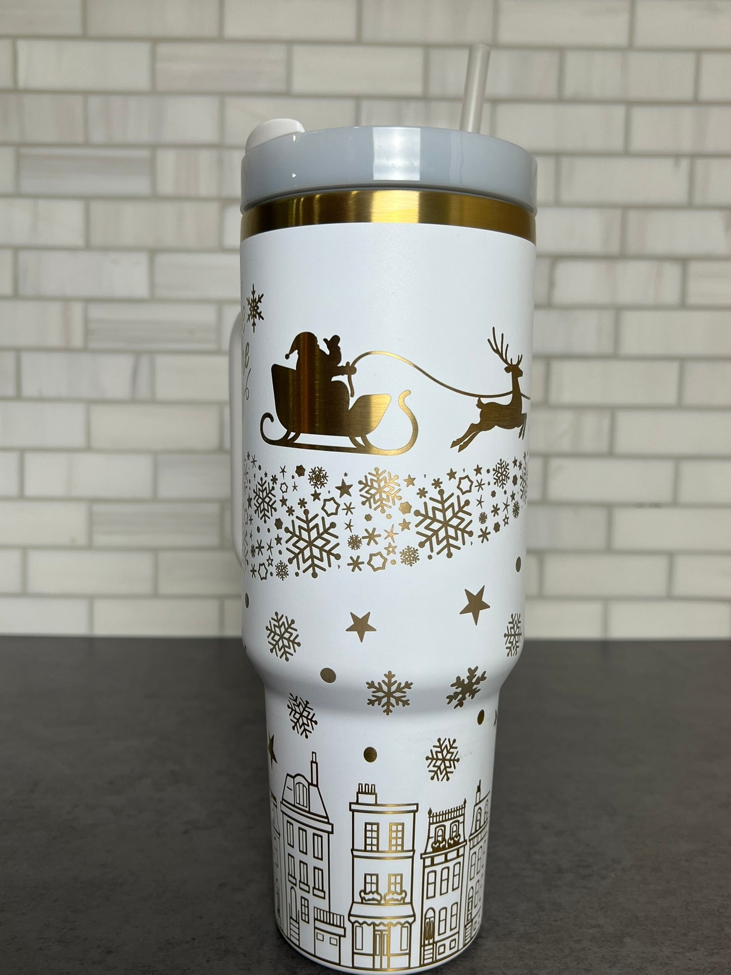 40oz Full Wrap Christmas Tumbler - White/Gold