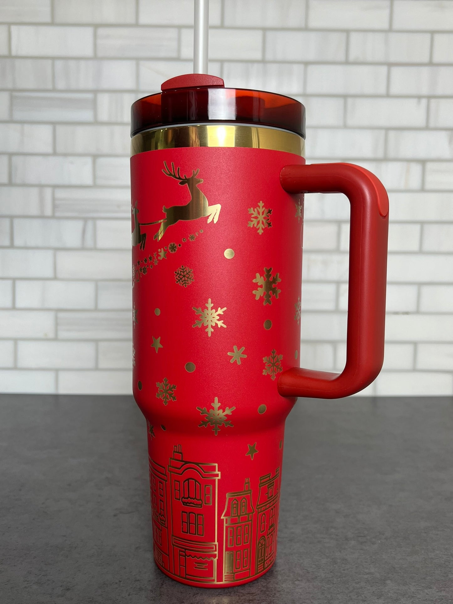 40oz Full Wrap Christmas Tumbler - Red/Gold